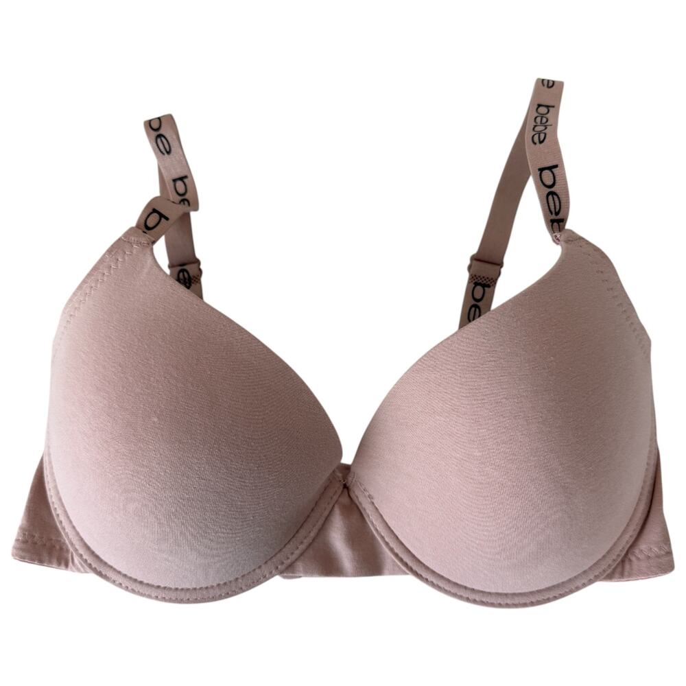 Bebe Neutral Light Beige Push-Up Padded T-Shirt Bra Logo Straps Size 34DD